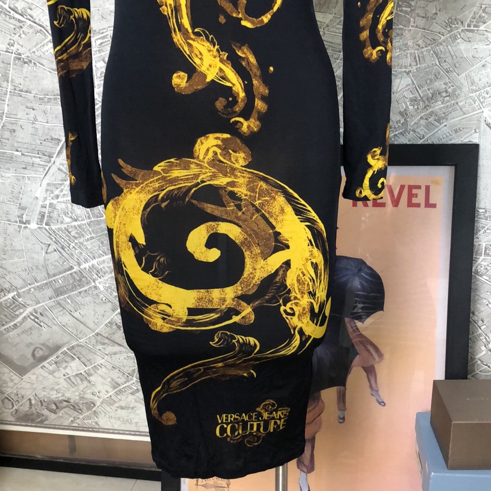 Versace jeans couture Barocco print Black and Gold Long Sleeve Dress Size 4 - Picture 3 of 16